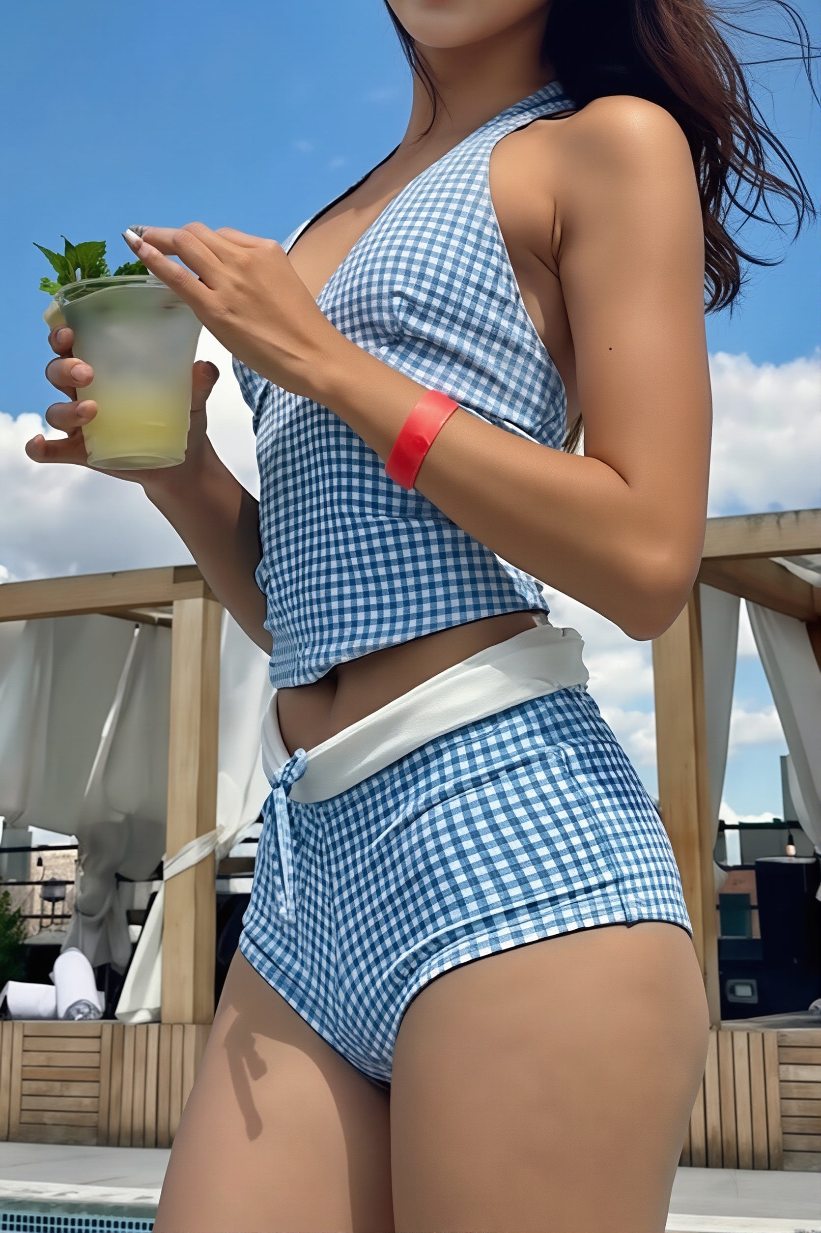 Contrast Plaid Halter Two Piece Swim Set
