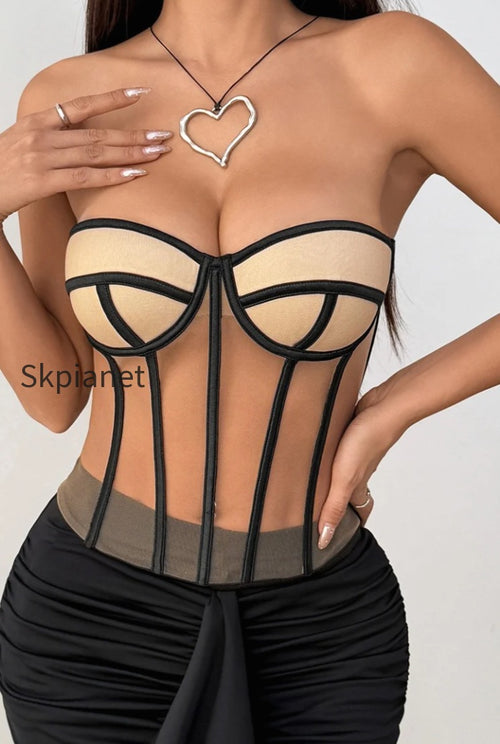 Sexy Sheer Strapless Boned Push Up Blouse