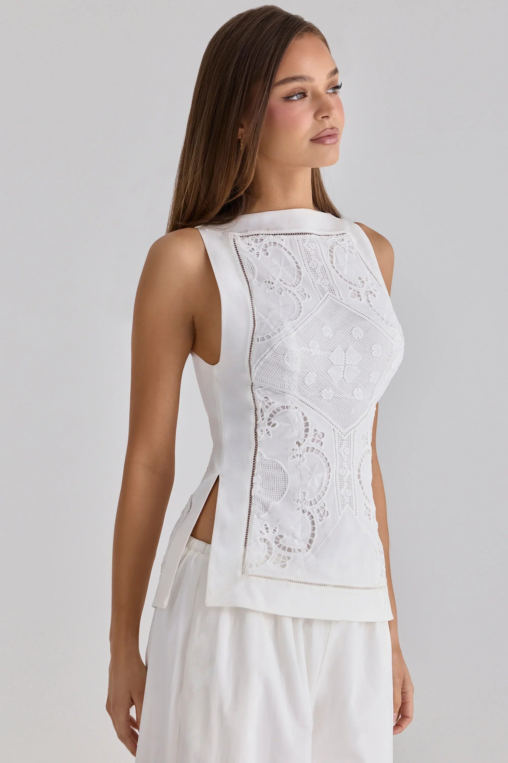 White Cotton Placement Lace Broderie Anglais Boat Neck Top