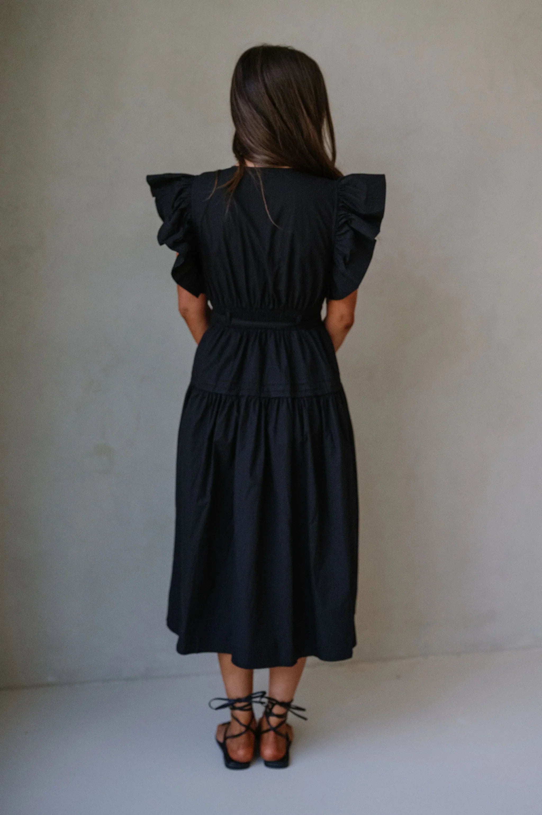 Luna Ruffle Poplin Midi Dress-Black