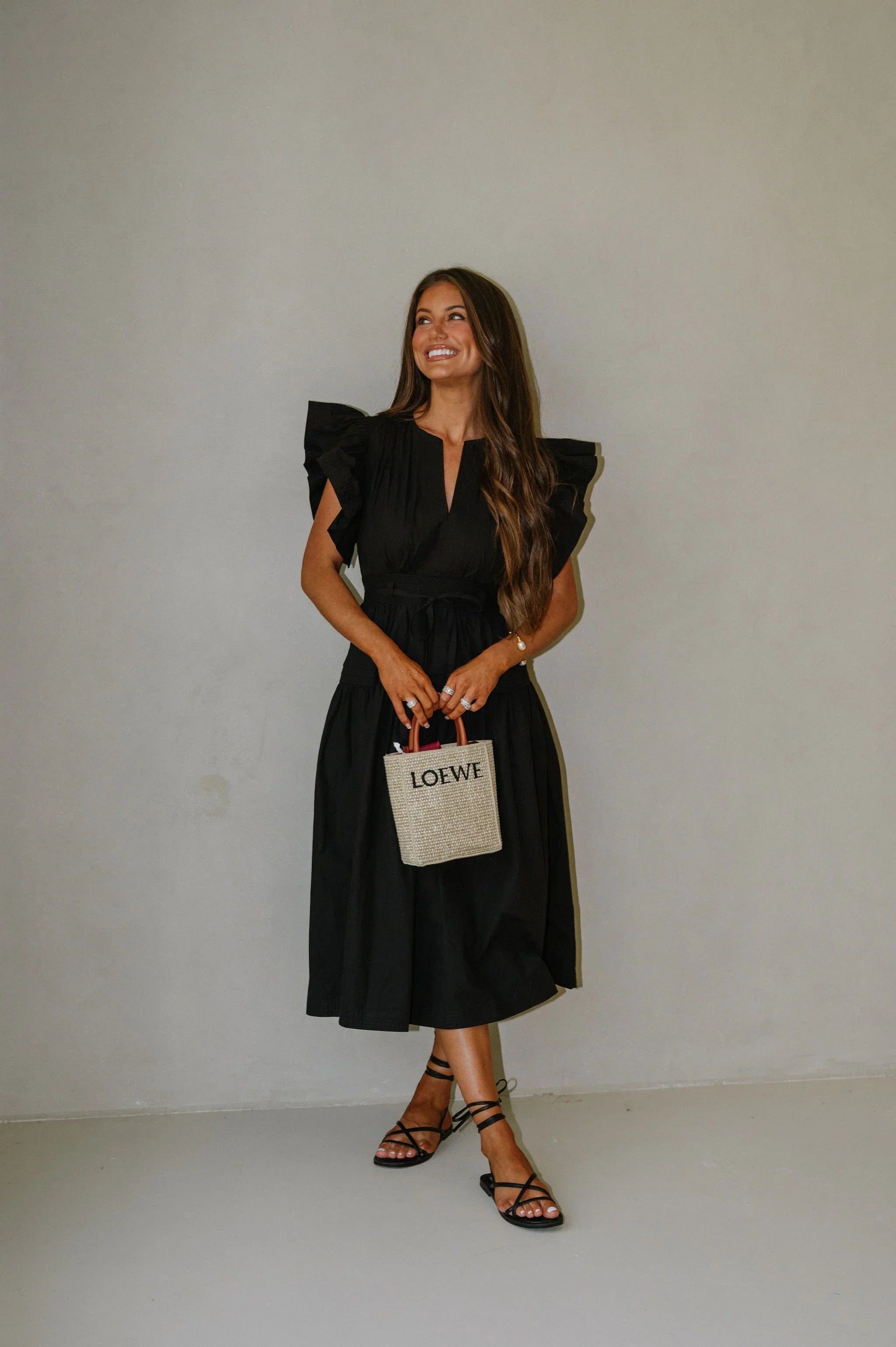 Luna Ruffle Poplin Midi Dress-Black