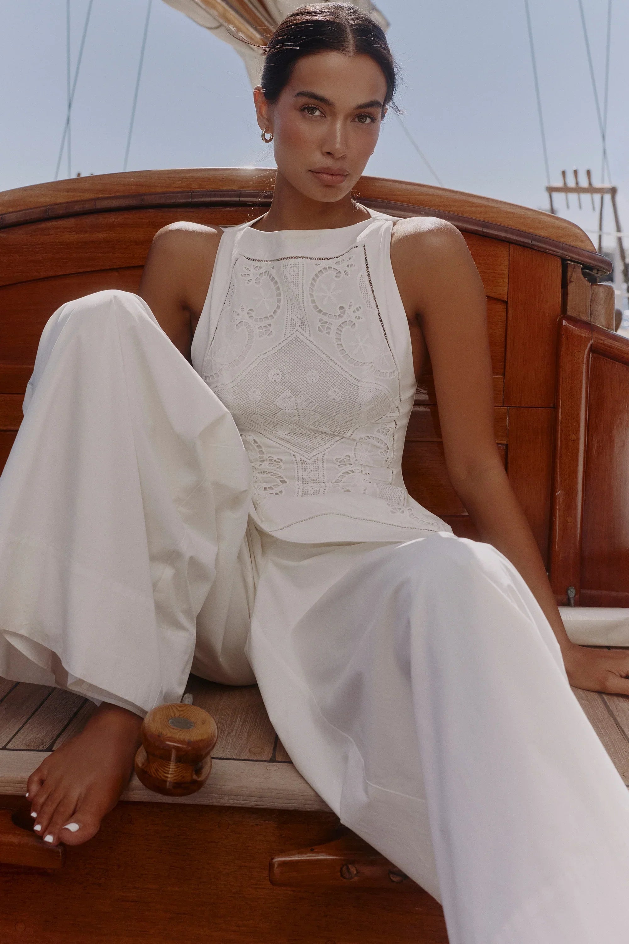 White Cotton Placement Lace Broderie Anglais Boat Neck Top