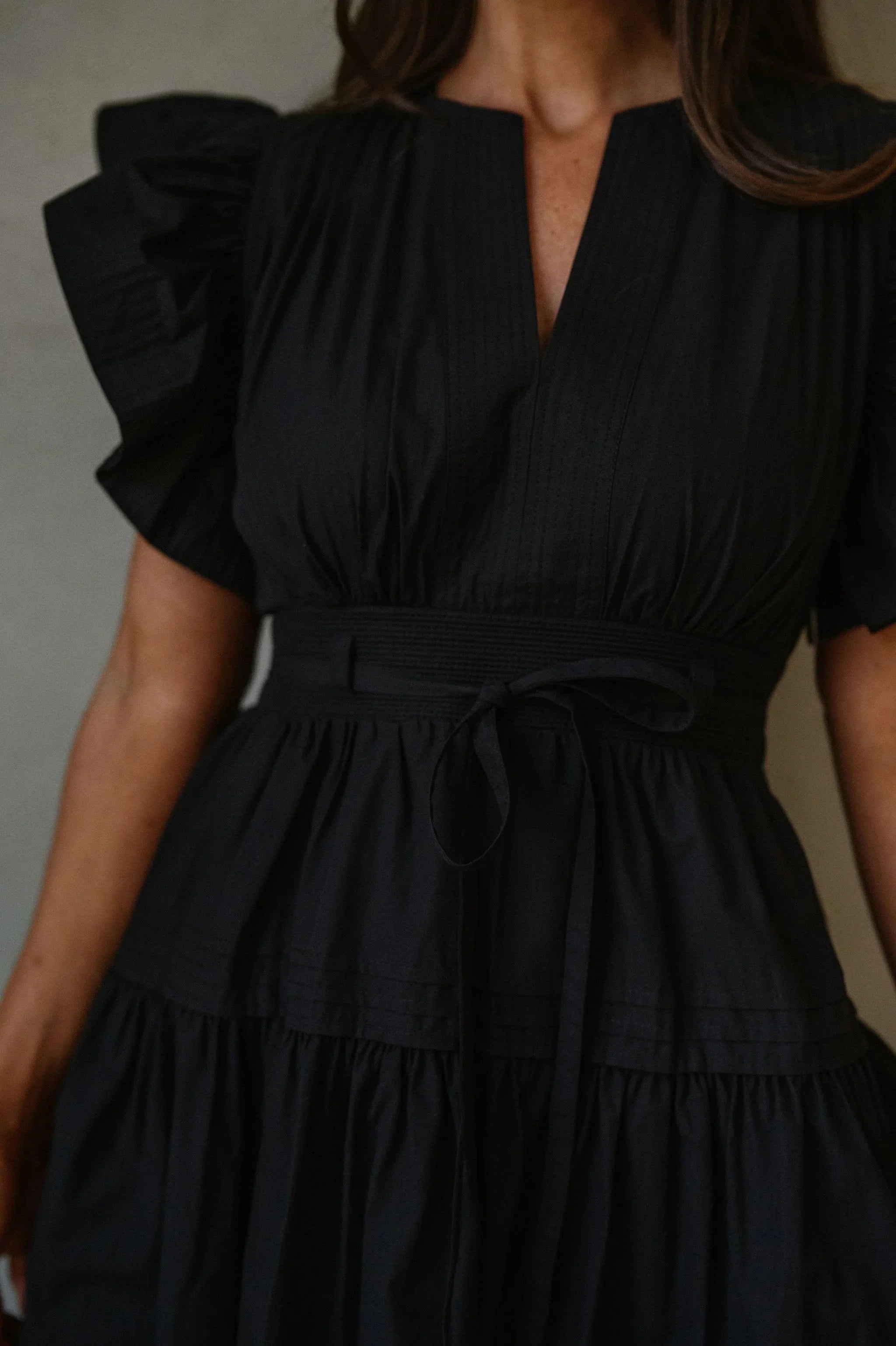 Luna Ruffle Poplin Midi Dress-Black