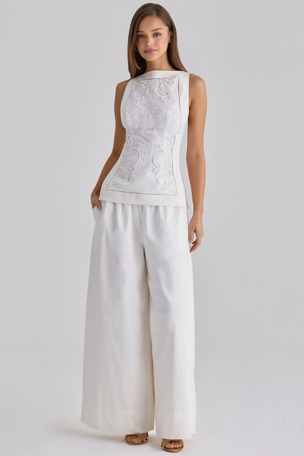 White Cotton Placement Lace Broderie Anglais Boat Neck Top
