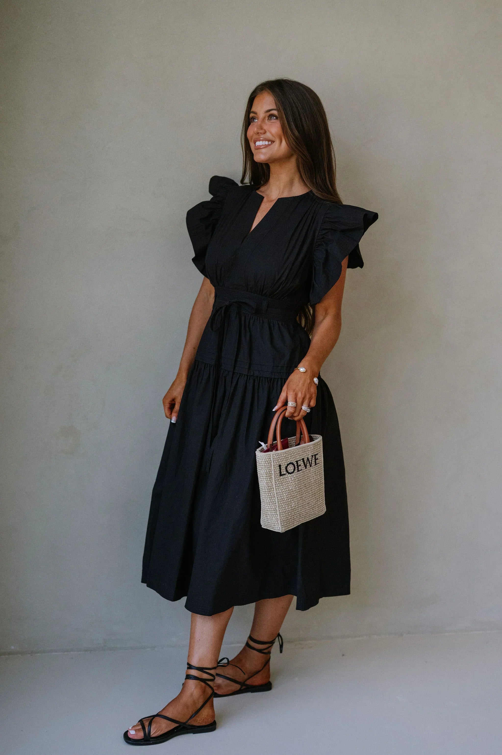 Luna Ruffle Poplin Midi Dress-Black