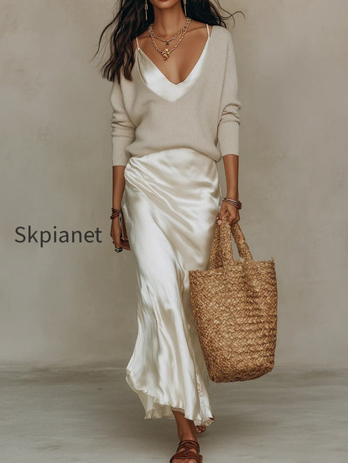 Effortless Ivory Knit & Satin Slip Dress Set