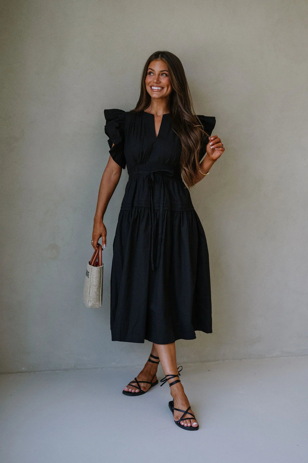 Luna Ruffle Poplin Midi Dress-Black