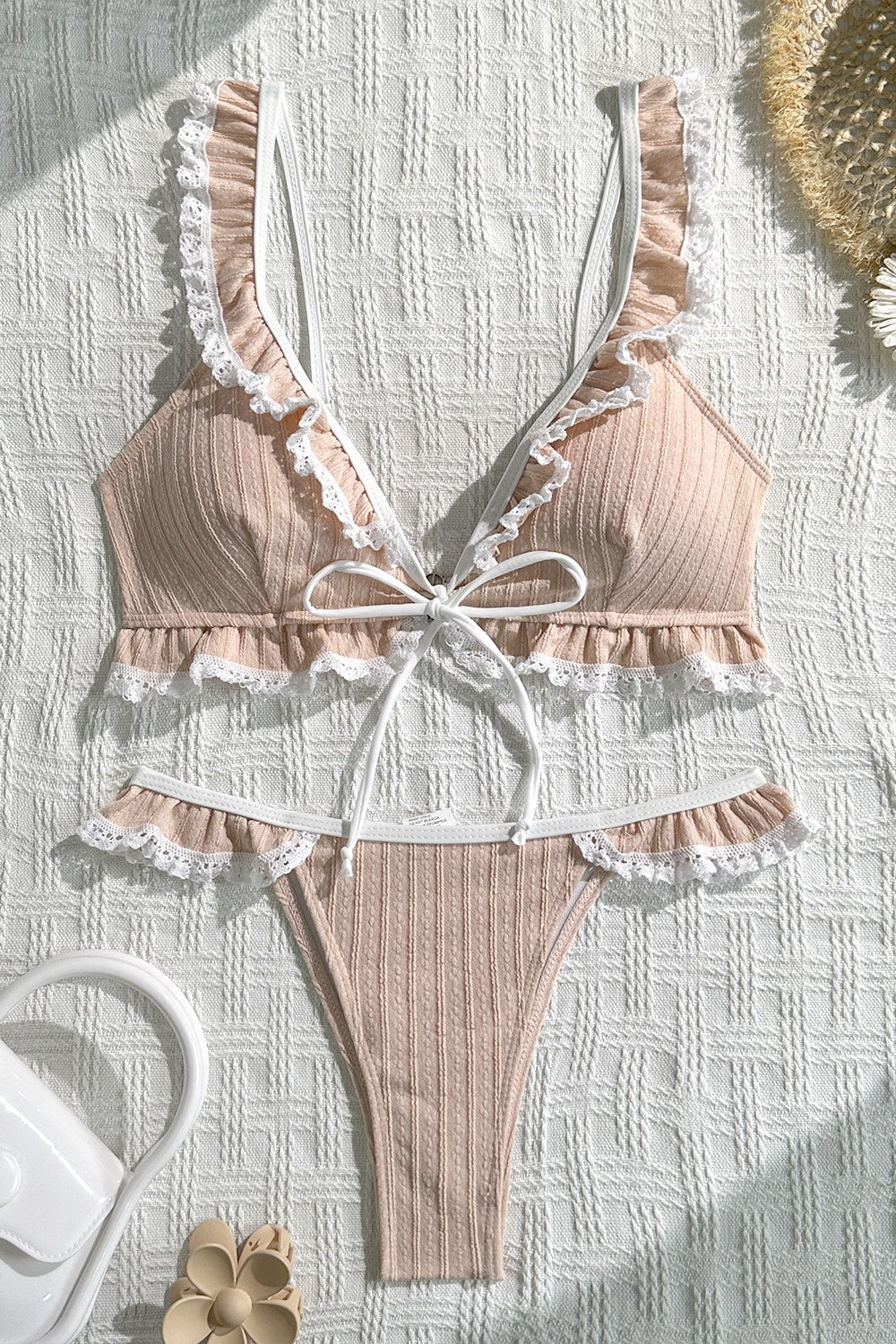 Lace Ruffle Solid String Bikini Set