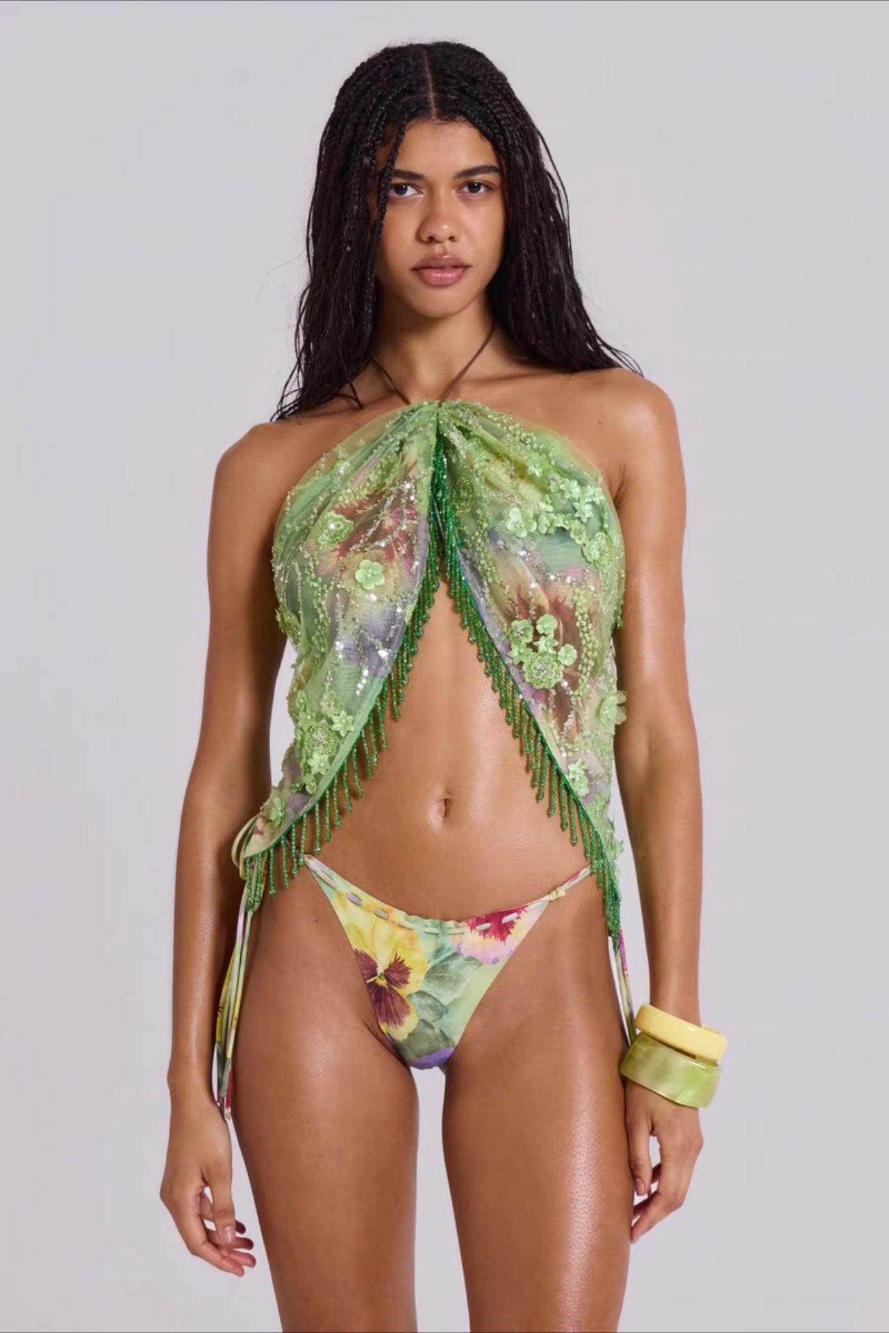 Floral Bead Sequin Three Piece Swim Set