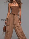 boho-chic-shirred-top-lace-paneled-cargo-pants-set