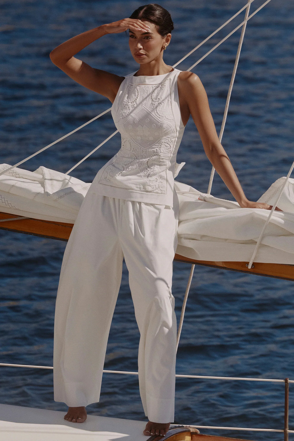 White Cotton Placement Lace Broderie Anglais Boat Neck Top