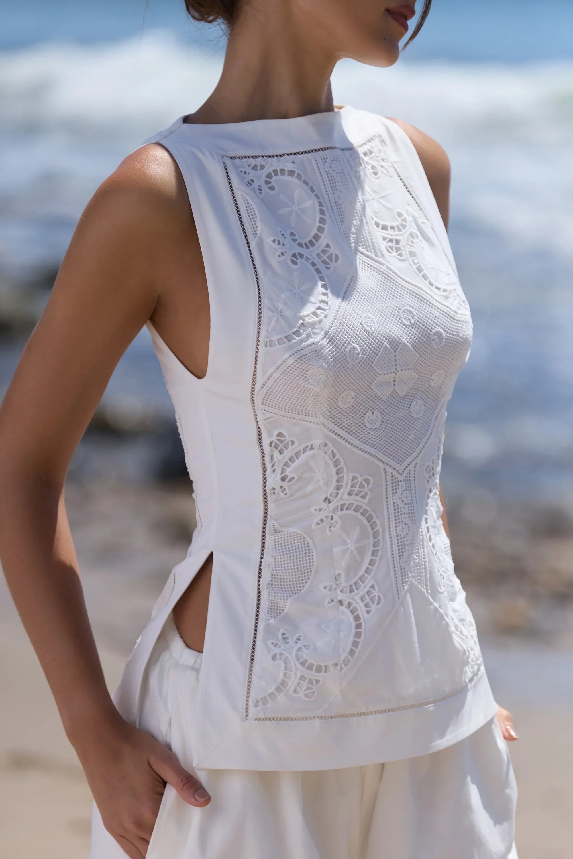 White Cotton Placement Lace Broderie Anglais Boat Neck Top
