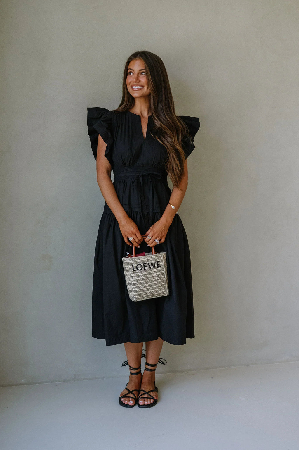 Luna Ruffle Poplin Midi Dress-Black