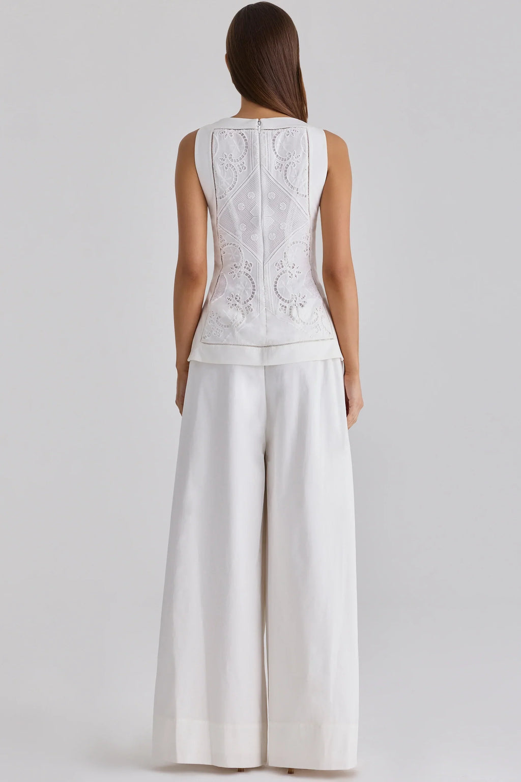 White Cotton Placement Lace Broderie Anglais Boat Neck Top