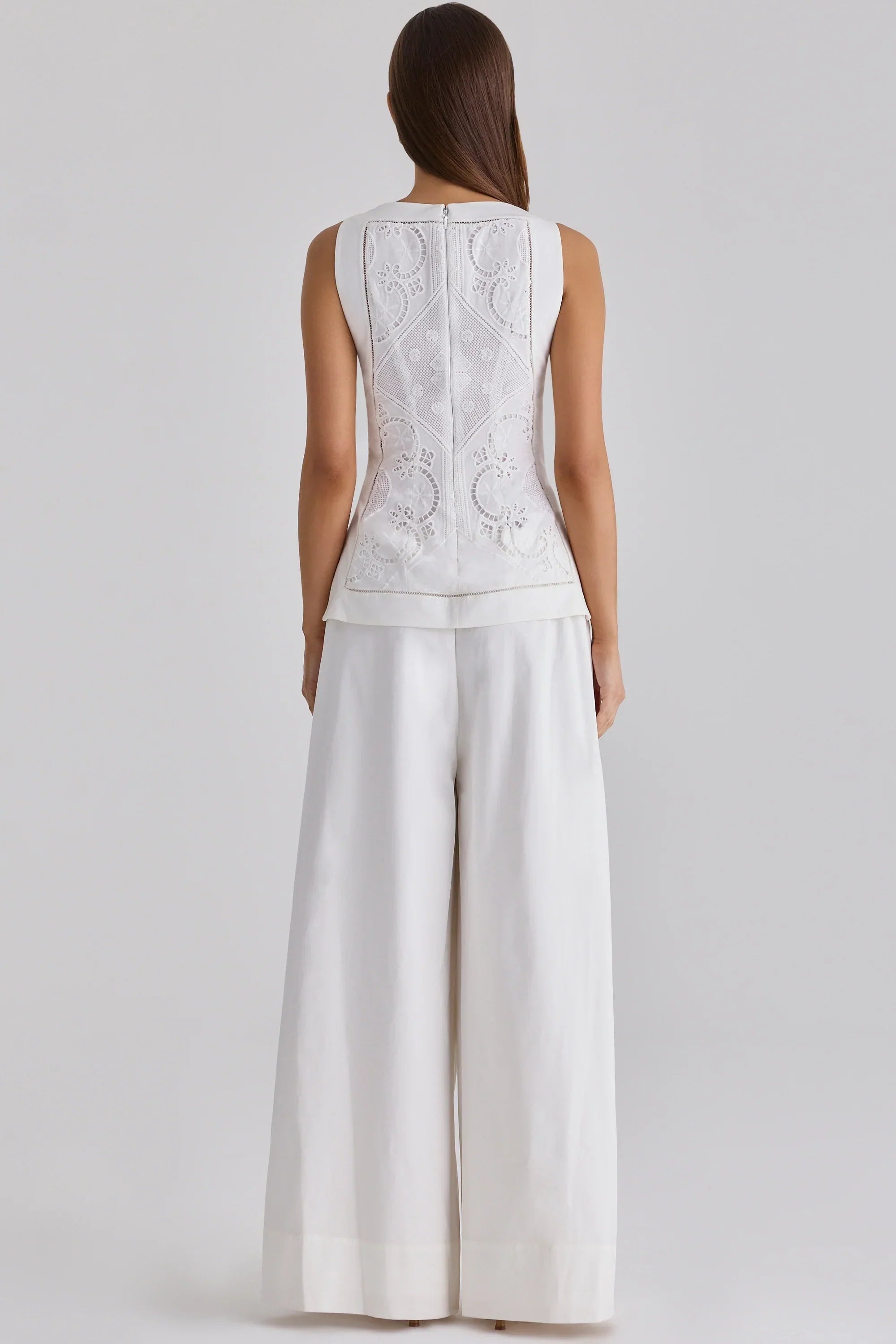 White Cotton Placement Lace Broderie Anglais Boat Neck Top