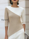 asymmetric-color-block-3-4-sleeve-knit-top